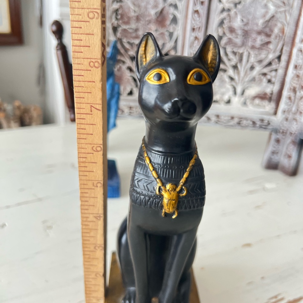 Elegant Egyptian Black Cat Statue with Gold Accents